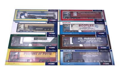 Lot 810 - A collection of eight boxed Corgi 1:50 scale diecast trucks and trailers