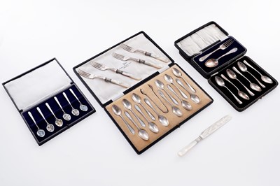 Lot 321 - Silver flatware; and mother of pearl handled plated knives and forks