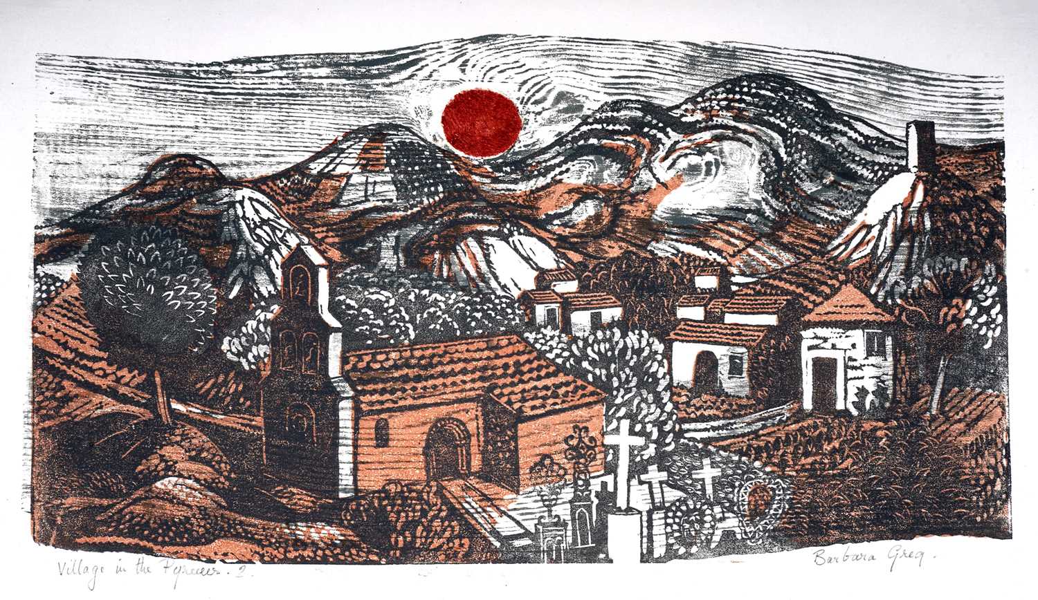 Lot 33 - Barbara Greg - Village in the Pyrenees. 2 | woodcut