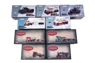 Lot 828 - A collection of nine boxed Corgi ‘Vintage Glory’ and ‘Heavy Haulage’ diecast vehicles