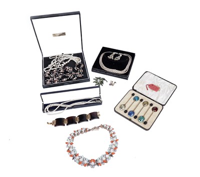 Lot 179 - A selection of costume jewellery; and Harrods enamel-backed teaspoons