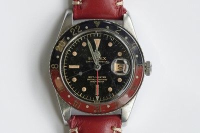 Lot 408 - A Rare Rolex Oyster Perpetual GMT-Master automatic chronometer wristwatch with Bakelite Pepsi bezel