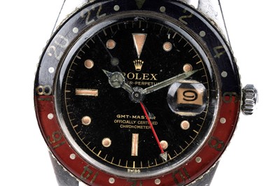 Lot 408 - A Rare Rolex Oyster Perpetual GMT-Master automatic chronometer wristwatch with Bakelite Pepsi bezel