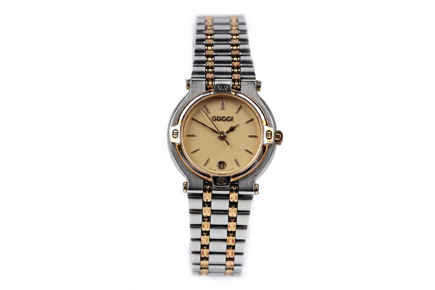 Lot 457 - Gucci: a steel and gilt cased quartz lady's wristwatch