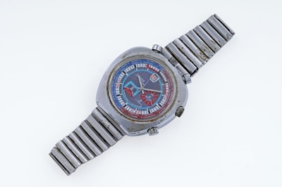 Lot 351 - A Sorna Bullhead stainless steel manual-wind chronograph world time wristwatch