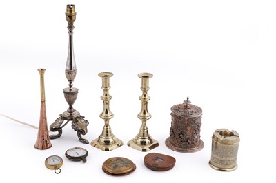 Lot 297 - A collection of brass, copper and silver plated items
