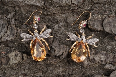 Lot 14 - A pair of citrine, ruby, and diamond insect pattern pendant earrings