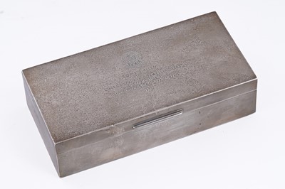 Lot 87 - A silver cigarette box, inscribed with 15/19 The King's Royal Hussars crest over inscription
