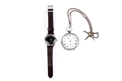 Lot 308 - An Avalon stainless-steel wristwatch; and a silver cased open-faced pocket watch