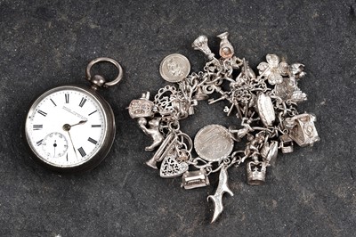 Lot 305 - A Victorian silver-cased pocket watch; and a silver charm bracelet