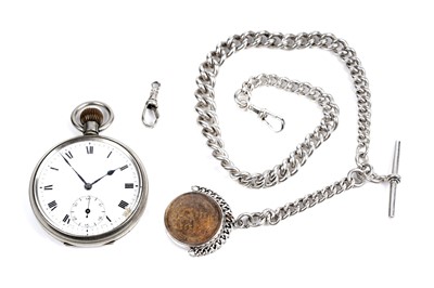 Lot 367 - An open-faced pocket watch, on a silver "Albert" watch chain