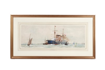 Lot 840 - Charles Edward Dixon - HMS Ariadne Leaving Portsmouth - 1902 | watercolour