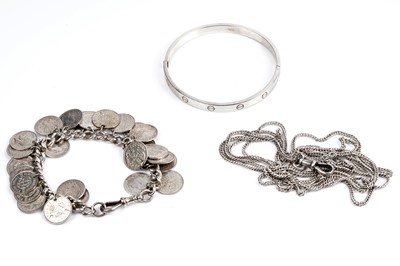 Lot 98 - Silver jewellery including: a silver curb-link and threepenny coin bracelet