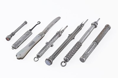 Lot 246 - A selection of silver pencils; and a silver folding fruit knife
