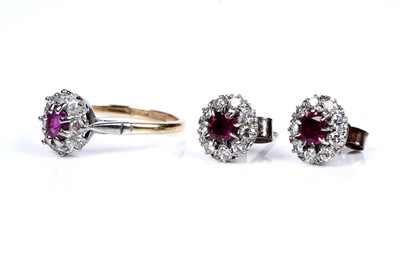 Lot 31 - A pair of ruby and diamond stud earrings; and a ruby and diamond ring