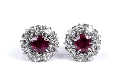 Lot 31 - A pair of ruby and diamond stud earrings; and a ruby and diamond ring