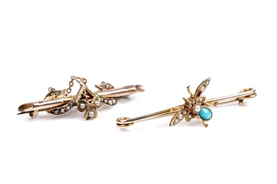 Lot 127 - Two Victorian brooches including: a turquoise and seed pearl insect pattern bar brooch