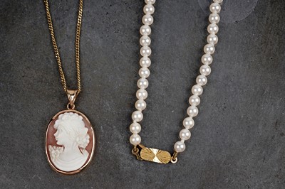 Lot 150 - A carved cameo pendant necklace; and a pearl necklace