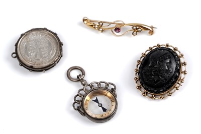 Lot 42 - Antique 9ct gold brooches and silver fobs