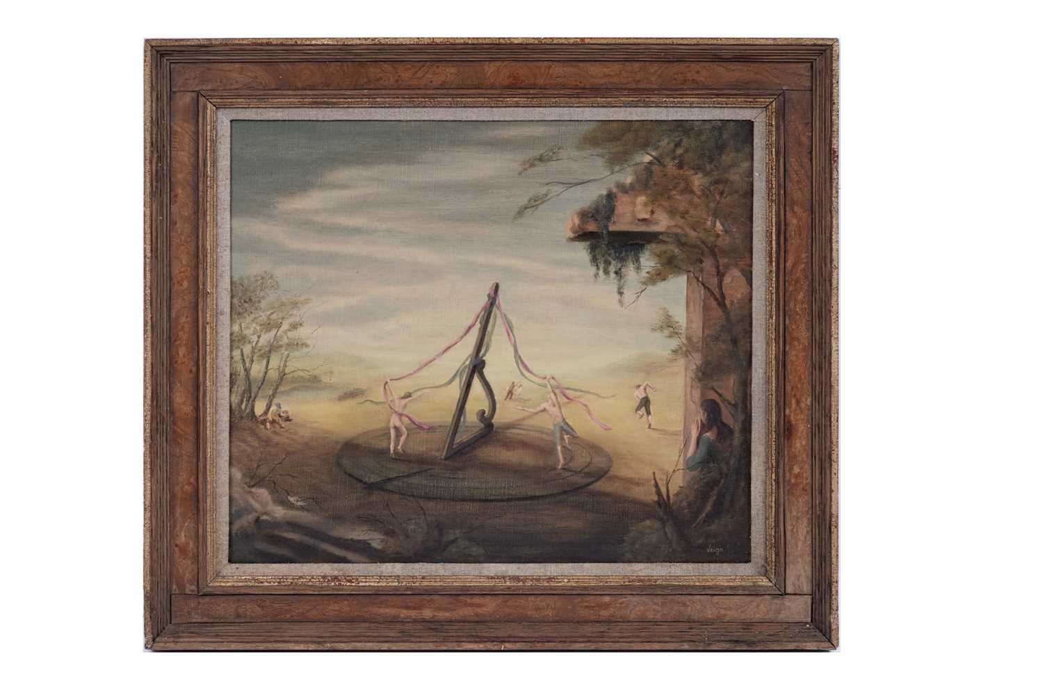 Lot 638 - Veiga - Sundial maypole in a surrealist landscape | oil