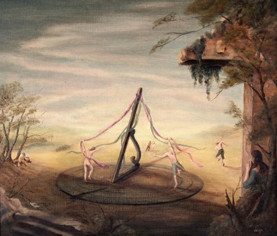 Lot 638 - Veiga - Sundial maypole in a surrealist landscape | oil