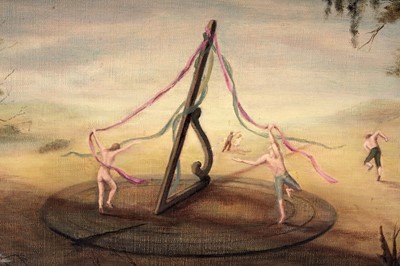 Lot 638 - Veiga - Sundial maypole in a surrealist landscape | oil