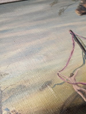 Lot 638 - Veiga - Sundial maypole in a surrealist landscape | oil