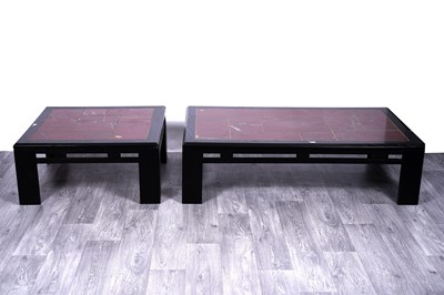 Lot 144 - Two ebonized framed tile-topped coffee tables