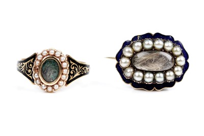 Lot 135 - An early Victorian seed pearl and enamel mourning brooch; and an Edwardian mourning ring