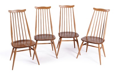 Lot 544 - Ercol: a set of four model 369 ‘Goldsmiths’ elm and beech dining chairs