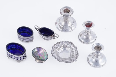 Lot 353 - Two George V dwarf candlesticks; and other items of silver