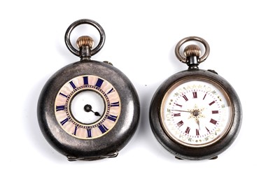 Lot 371 - A lady's guilloche enamelled silver cased fob watch; and one other blued-steel fob watch