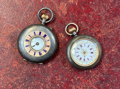 Lot 169 - A lady's guilloche enamelled silver cased fob watch; and one other blued-steel fob watch