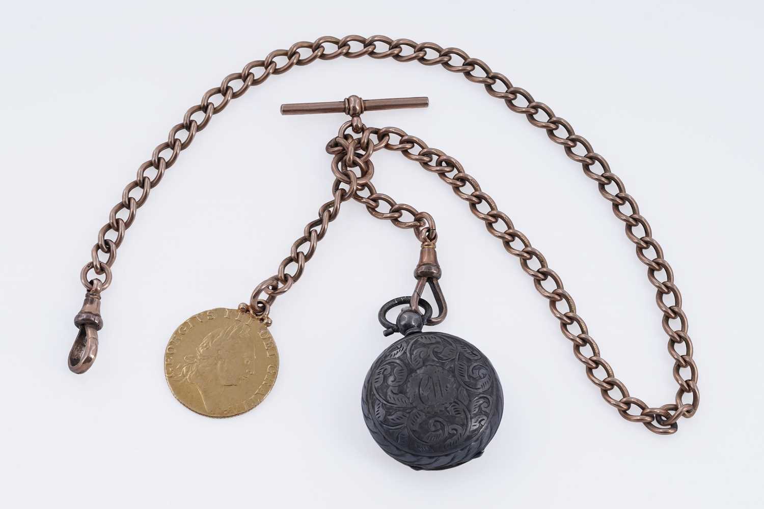 Lot 312 - A 9ct rose gold double "Albert" curb-link watch chain with a fob George III 1787 gold guinea