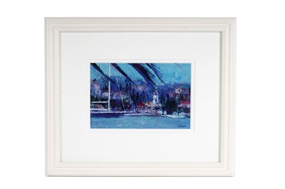 Lot 737 - Ann Oram - Under the Palms towards Cavtat, Croatia | mixed media