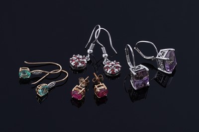Lot 259 - Three pairs of 9ct gold set earrings; and another silver set pair