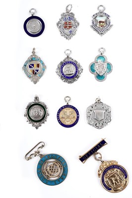 Lot 37 - A collection of silver, gold and silver plated medals, fobs and badges