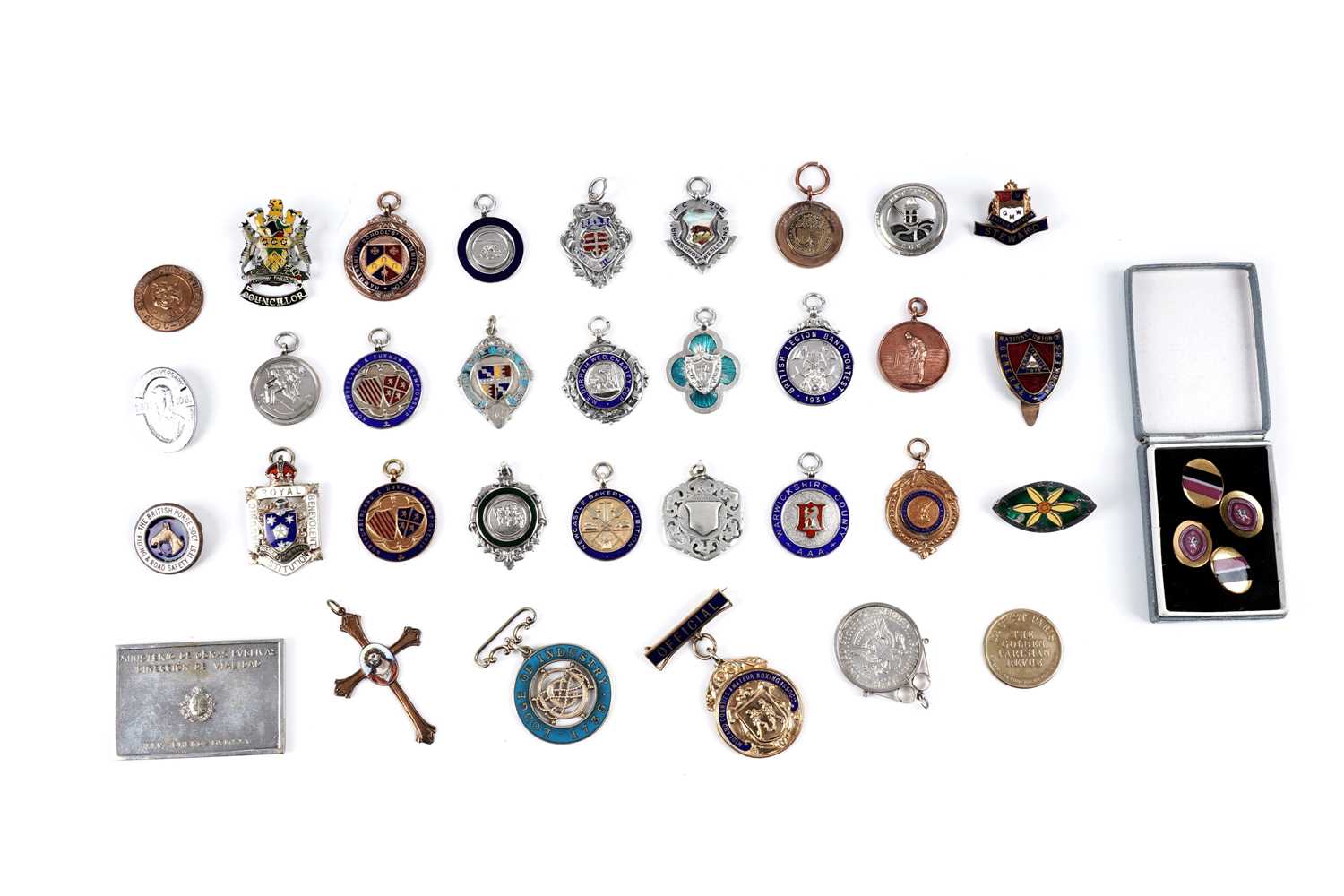 Lot 37 - A collection of silver, gold and silver plated medals, fobs and badges