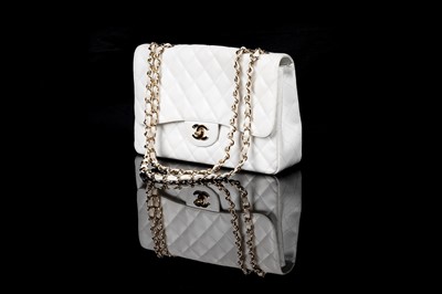 Lot 627 - A Chanel Classic Single Flap Jumbo bag in white Caviar leather