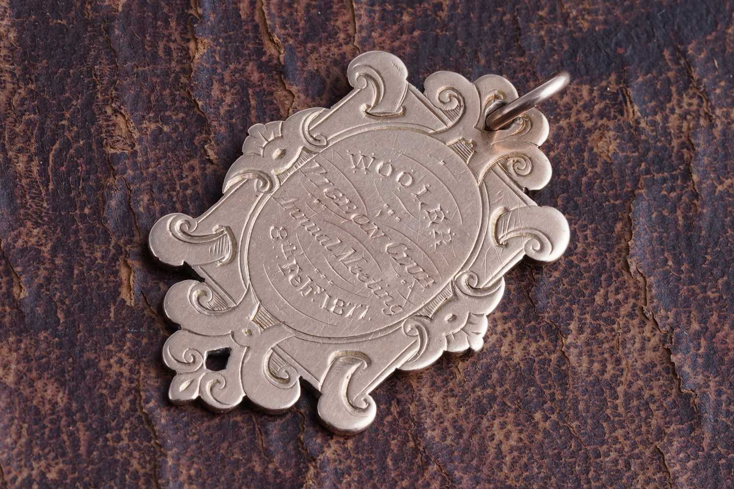Lot 32 - A Victorian 9ct rose gold Wooler Pigeon Club Annual Meeting 8th Feb 1877