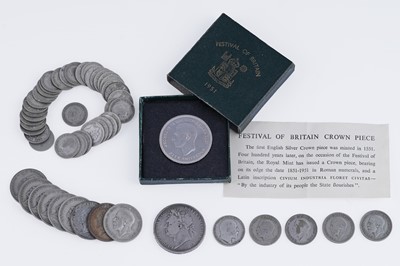 Lot 323 - A collection of GB silver and half-silver coins; and a 1951 Festival of Great Britain coin