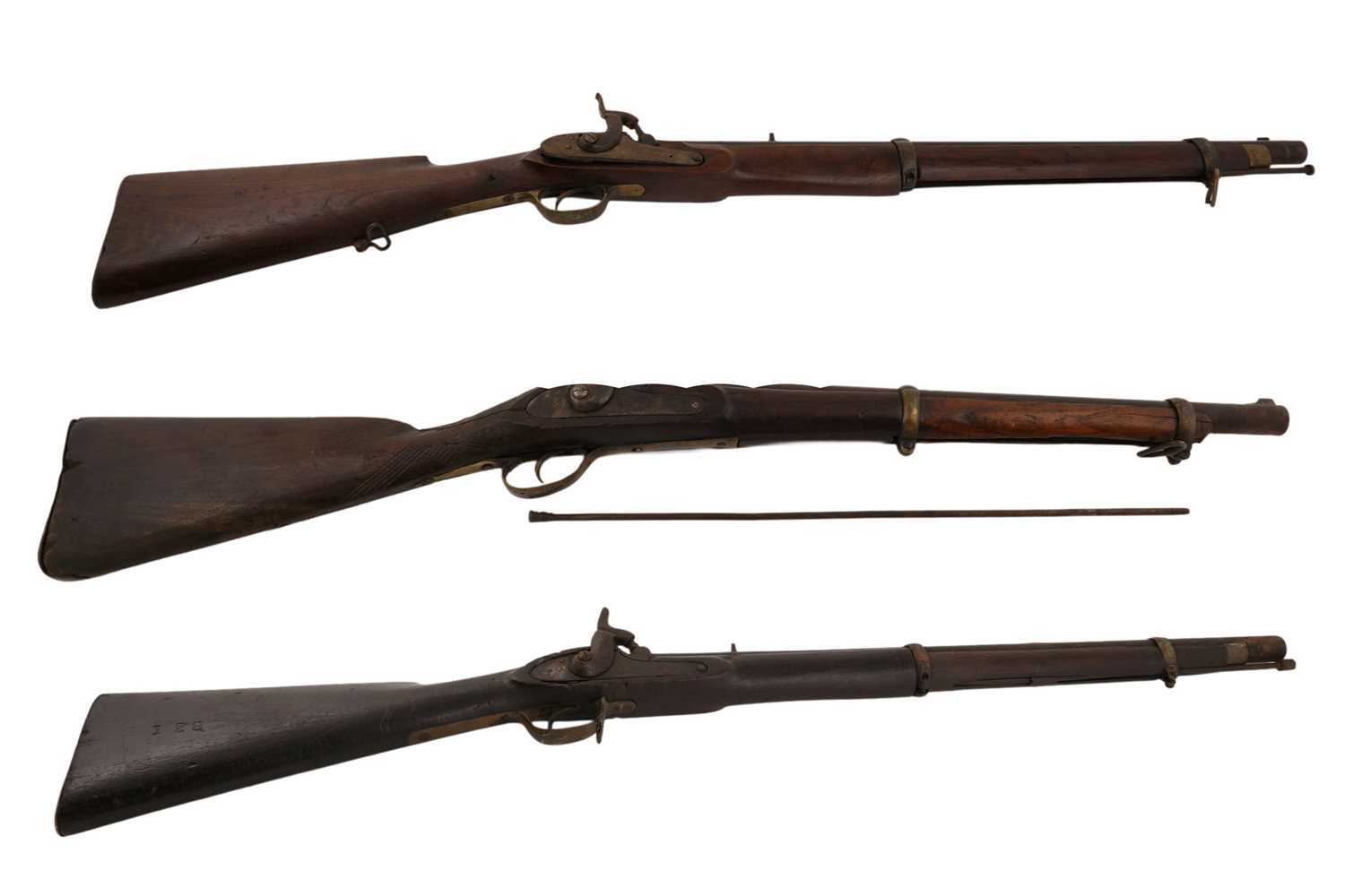 Lot 108 - A collection of three 19th Century muzzle loading, banded percussion rifles