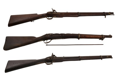 Lot 108 - A collection of three 19th Century muzzle loading, banded percussion rifles