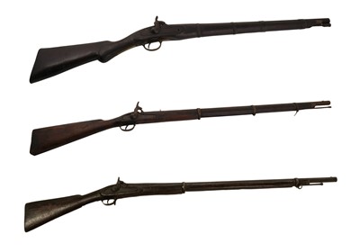 Lot 109 - A collection of three 19th Century muzzle loading, banded percussion rifles