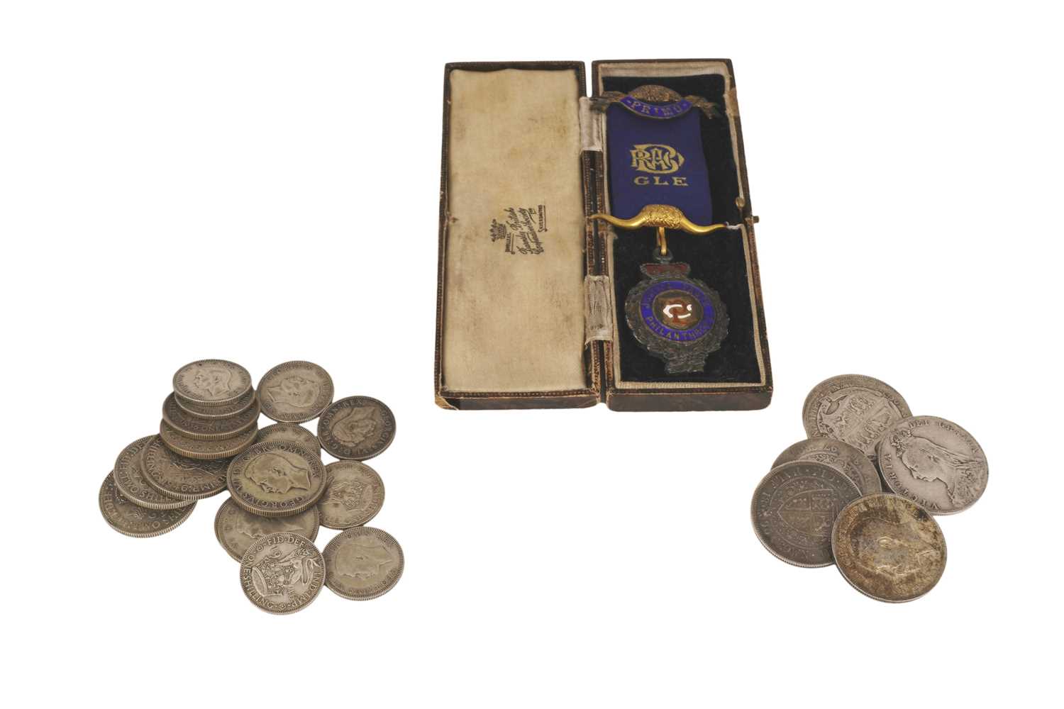 Lot 55 - A collection of silver coinage and a masonic jewel.