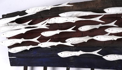 Lot 651 - Max Tannahill - Fishes | sculpture: a wooden shoal of fish and the remnants of a boat hull