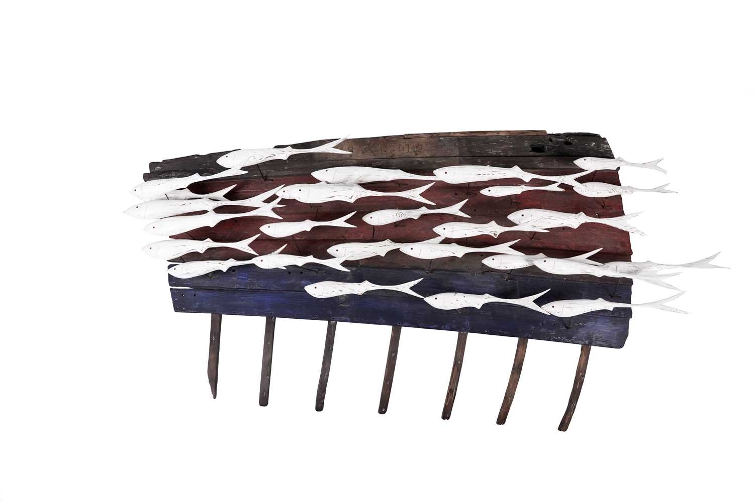 Lot 651 - Max Tannahill - Fishes | sculpture: a wooden shoal of fish and the remnants of a boat hull
