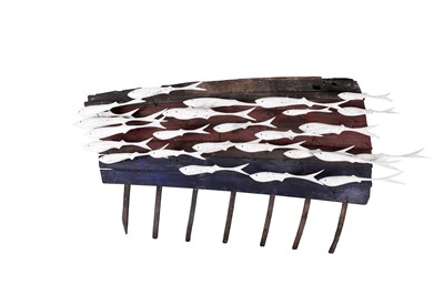 Lot 651 - Max Tannahill - Fishes | sculpture: a wooden shoal of fish and the remnants of a boat hull