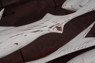 Lot 651 - Max Tannahill - Fishes | sculpture: a wooden shoal of fish and the remnants of a boat hull