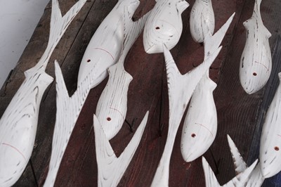 Lot 651 - Max Tannahill - Fishes | sculpture: a wooden shoal of fish and the remnants of a boat hull